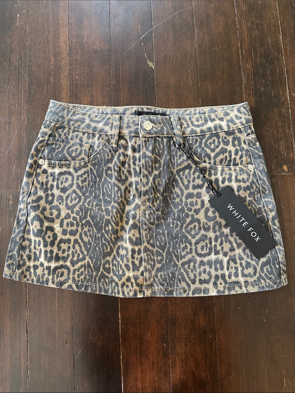 White Fox Boutique Leopard Print Denim Mini Skirt - Taupe & Black